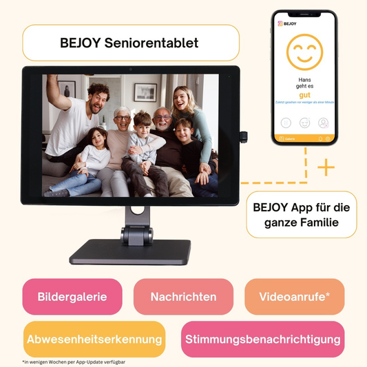 BEJOY Senioren-Tablet - Das Kommunikations-Zentrum für die ganze Familie. Bildergalerie | Videoanrufe | Nachrichten | Stimmungsinformation | Abwesenheitserkennung