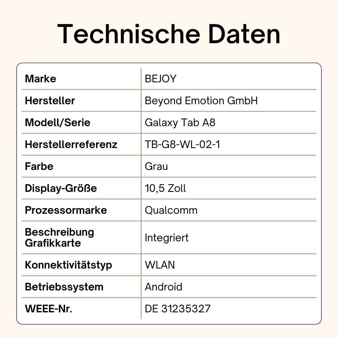 Das BEJOY Senioren-Tablet ist ein speziell eingerichtetes Samsung Tablet mit WLAN- oder LTE-Verbindung.