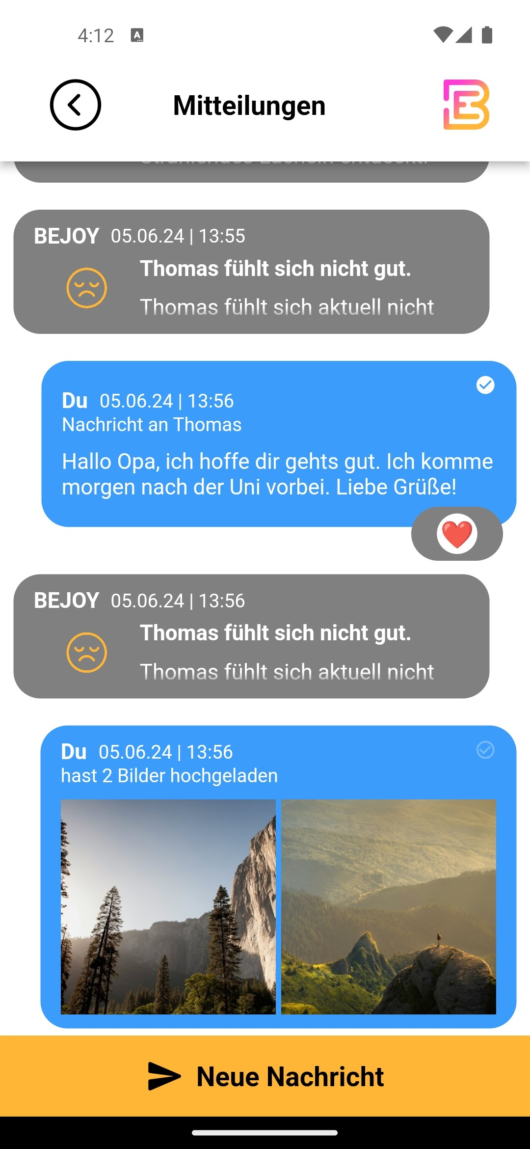 Die BEJOY App ermöglicht familieninterne Nachrichten und Reaktionen.